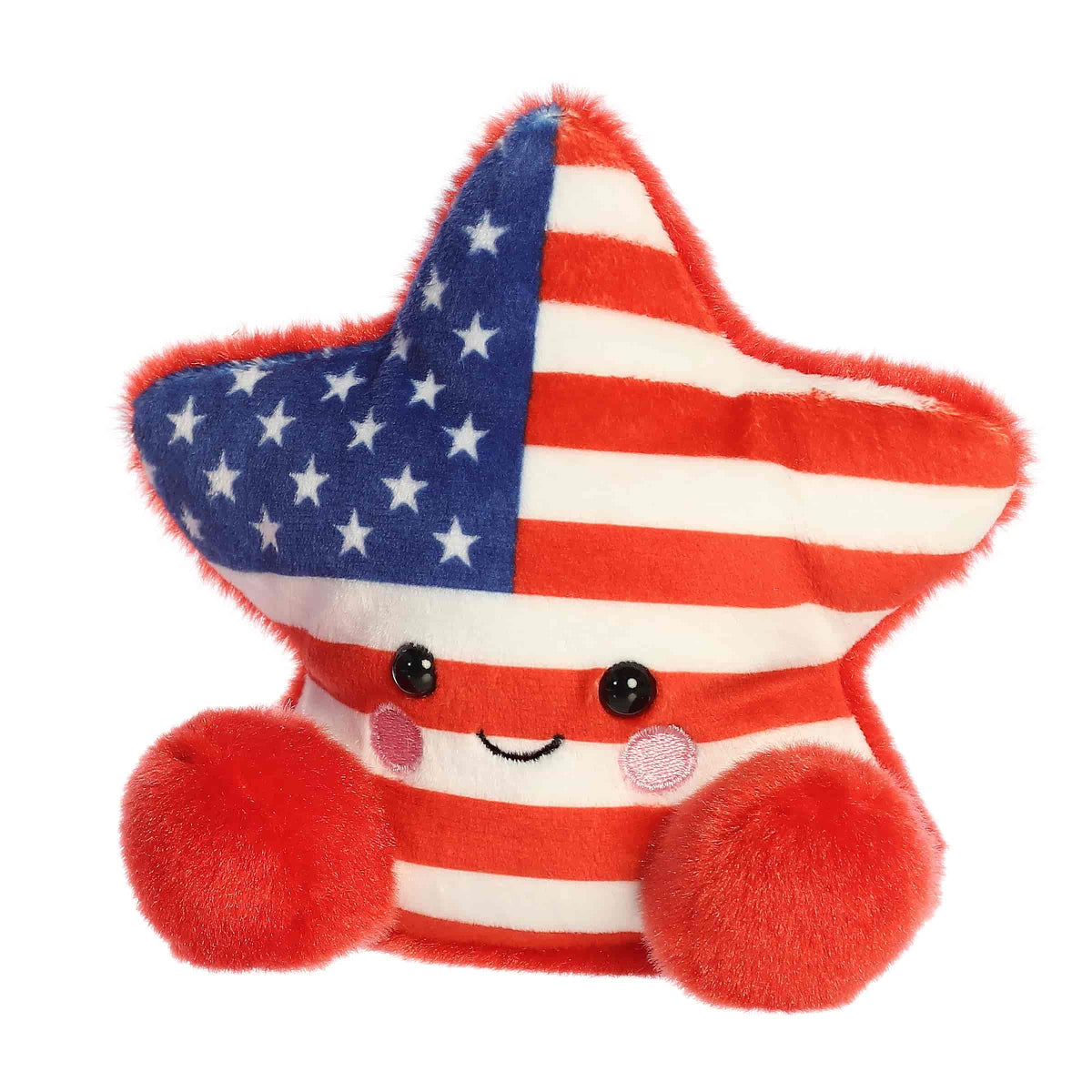Angled front view of the smiling Americana Star sitting happily on its two red plush feet.