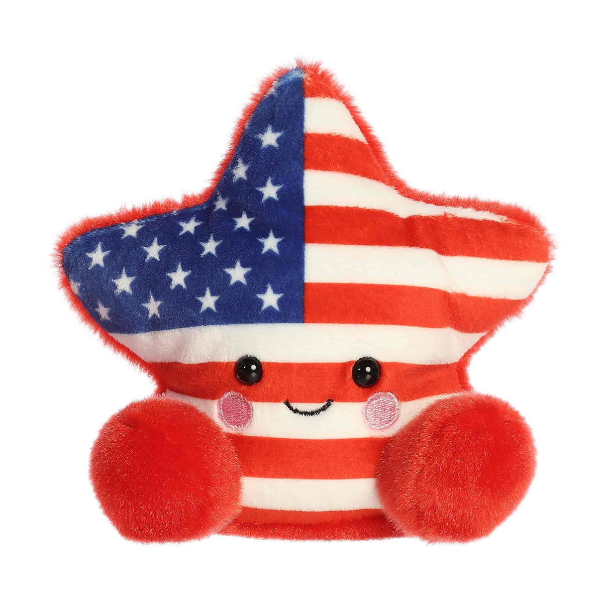 Straight front sitting view of the patriotic star plush showing its red, white, and blue design and rosy pink cheeks.