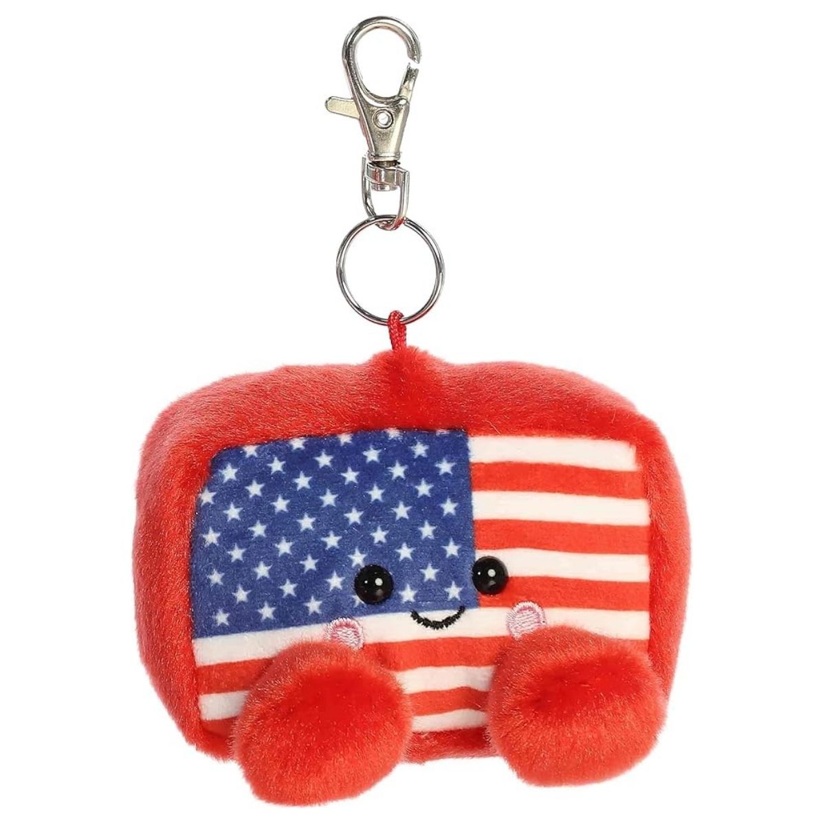 Front face view of the adorable Aurora Indivisible Flag stuffed toy showing its stars and stripes pattern, sweet smile, and rosy cheeks.