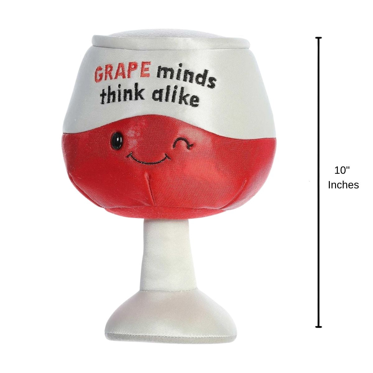 Aurora wine glass plush standing upright with a 10-inch height indicator graphic next to it.