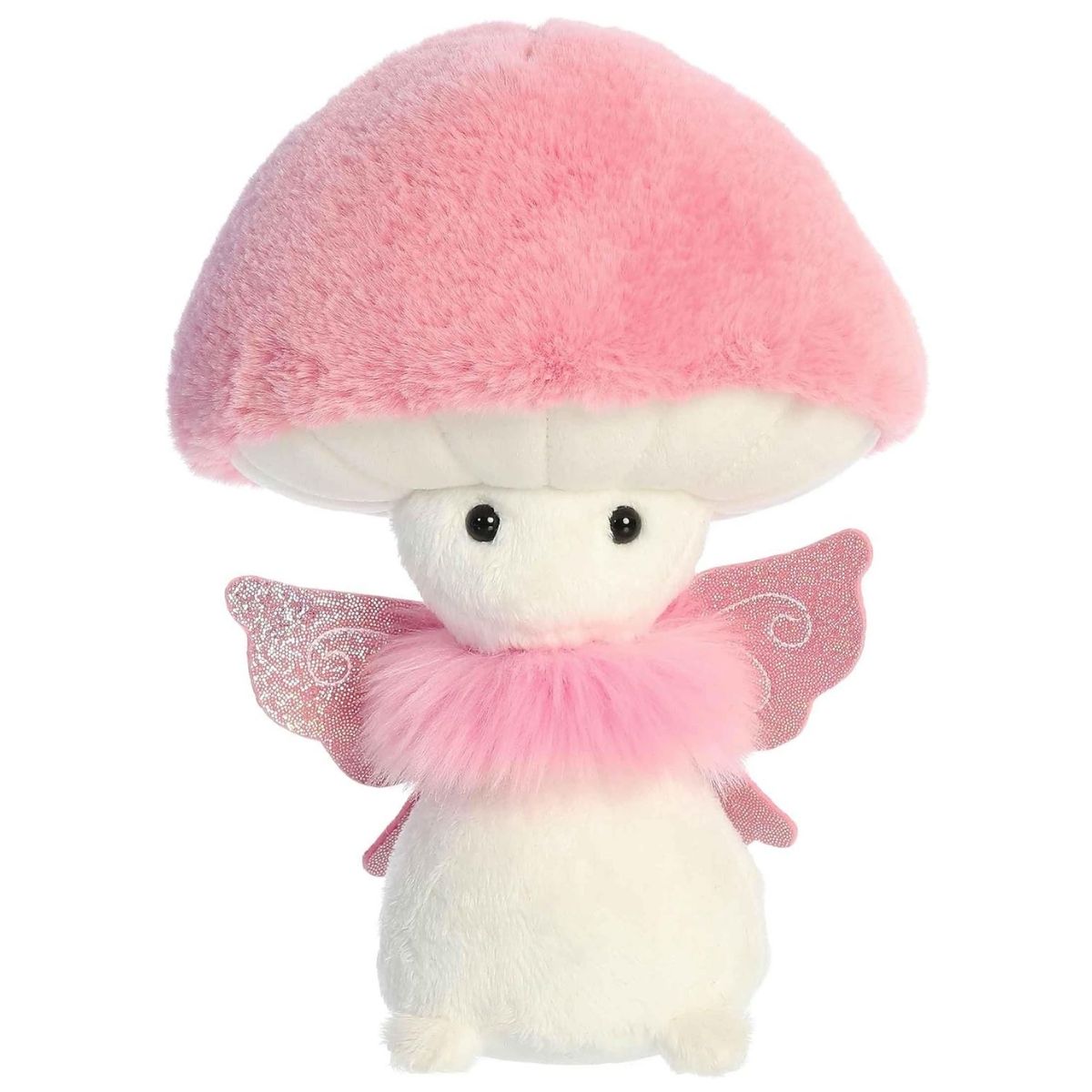 Slightly angled front view of the pink mushroom fairy plush showing its sweet, simple face and soft, fuzzy textures.