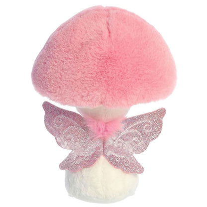 Back view of the Aurora mushroom fairy plush showcasing the beautiful, detailed pink wings and the fluffy pink collar wrapped around its neck.