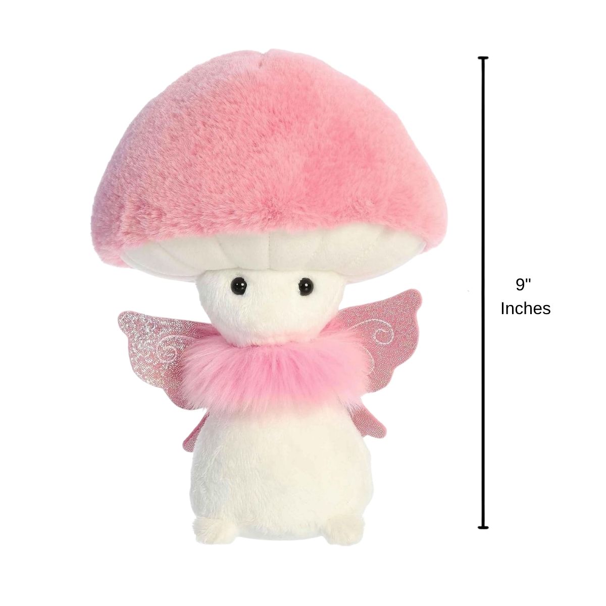 Sizing graphic for the pink Fungi Friends fairy plush showing it standing upright, indicating a total height of 9 inches.