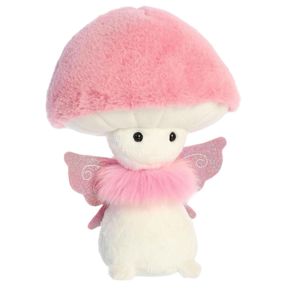 Front view of the 9-inch Aurora Fungi Friends Pink Fairy plush toy featuring a fluffy pink mushroom cap, pink fuzzy collar, and delicate wings on a white body.