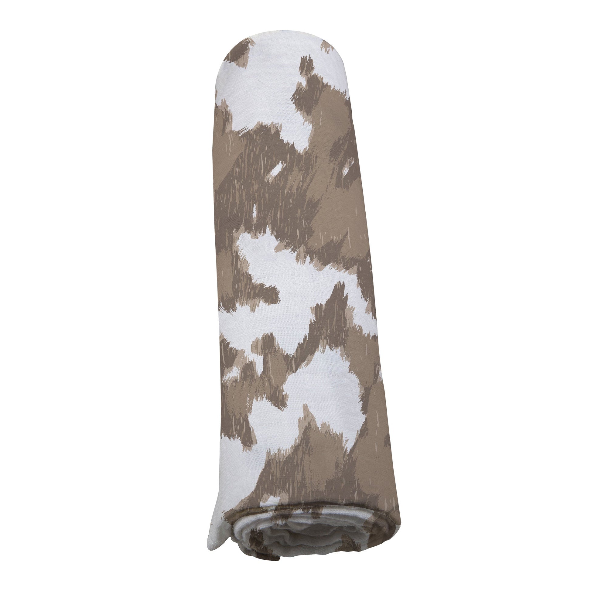 Straight view of the brown and white cowhide print bamboo muslin swaddle blanket neatly rolled up.
