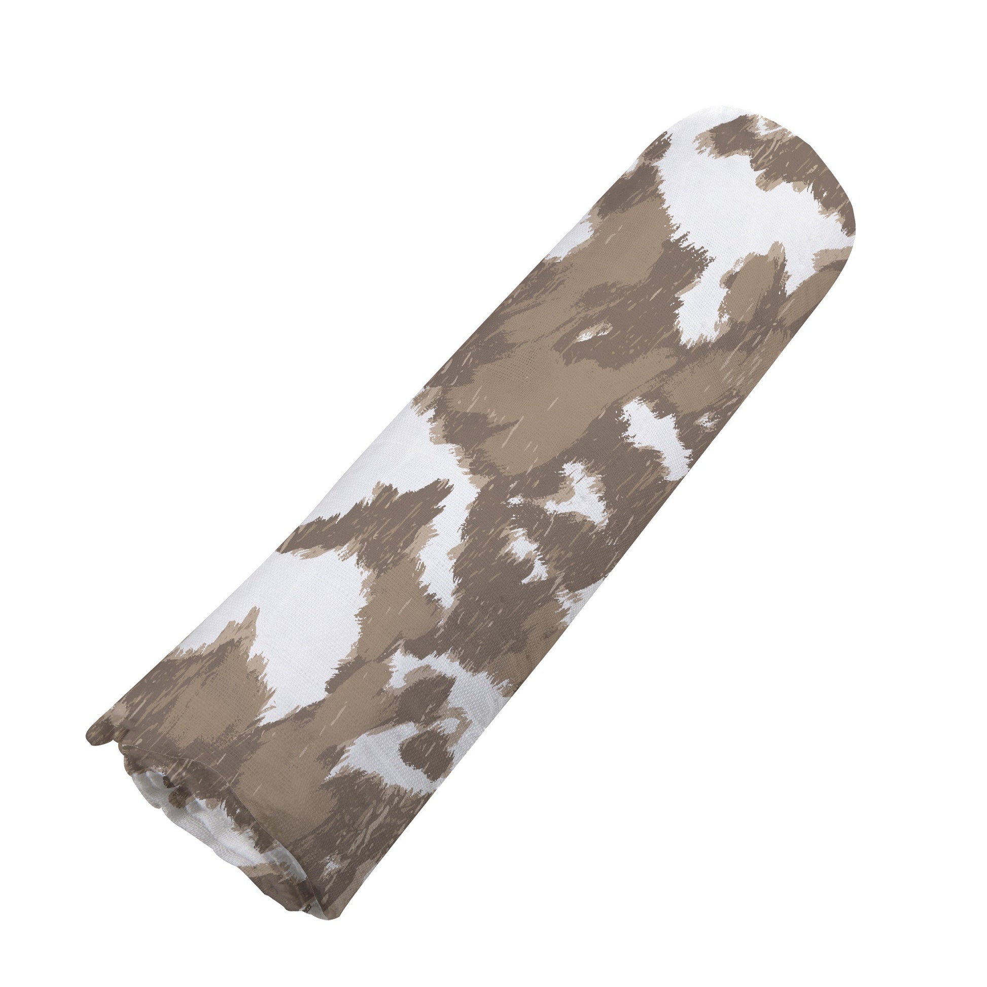 Angled view of the rolled Yellowstone Cowhide bamboo muslin swaddle blanket highlighting its soft texture.