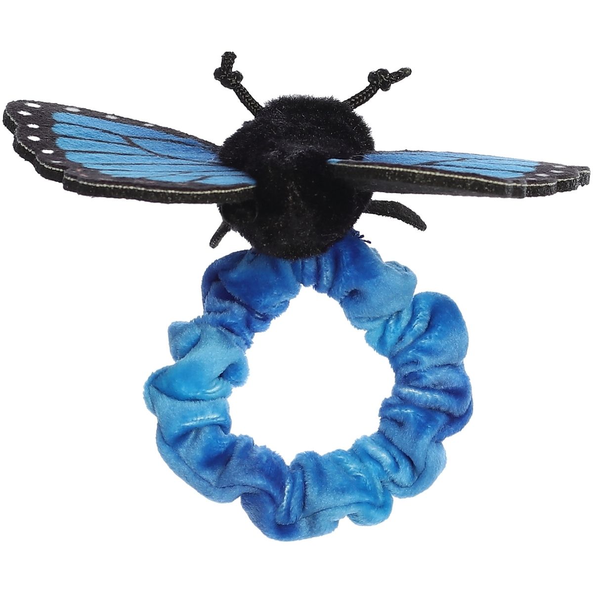 Back angled view showing the underside of the butterfly wings and the blue scrunchie band.