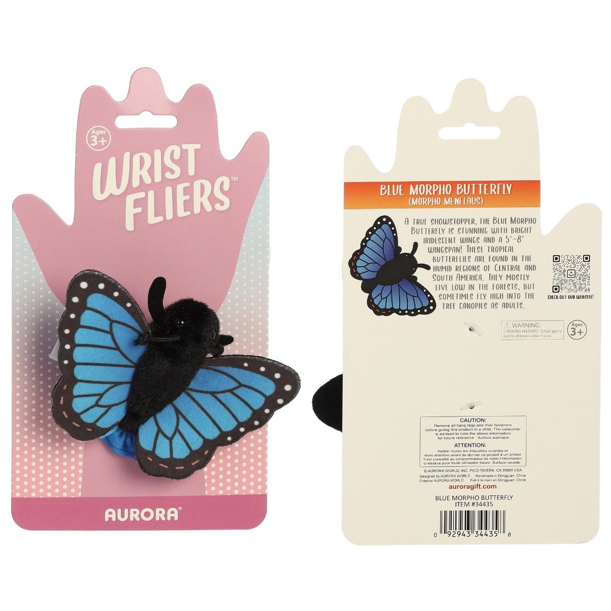 The Aurora Wrist Flingers Blue Morpho Butterfly displayed on its official pink and white retail packaging card.