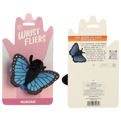 The Aurora Wrist Flingers Blue Morpho Butterfly displayed on its official pink and white retail packaging card.