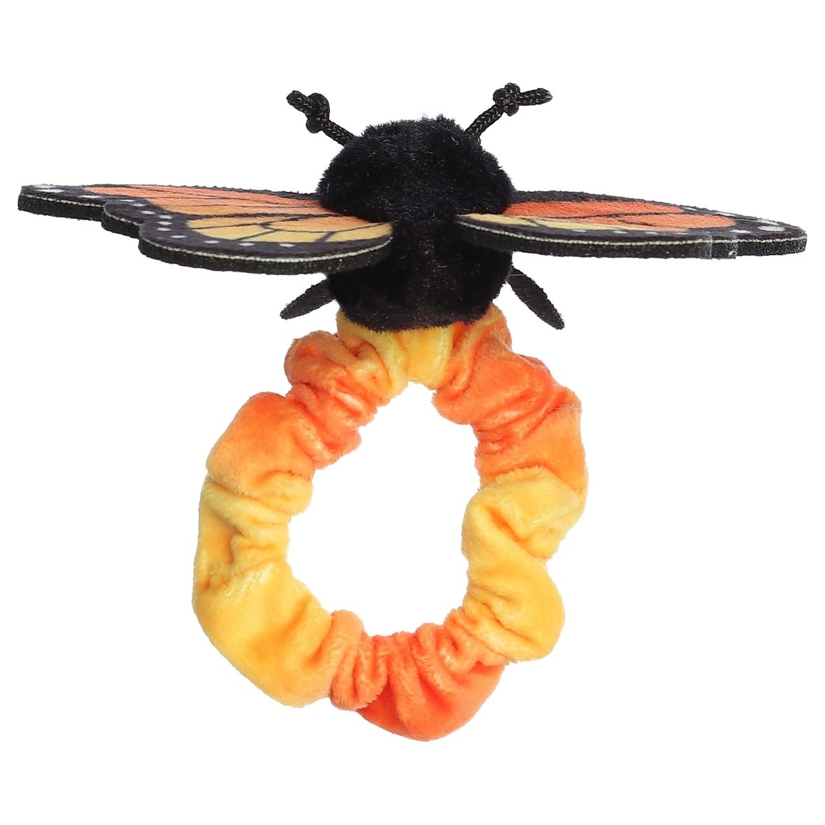 Back angled view showing the underside of the Monarch wings and the bright scrunchie band.