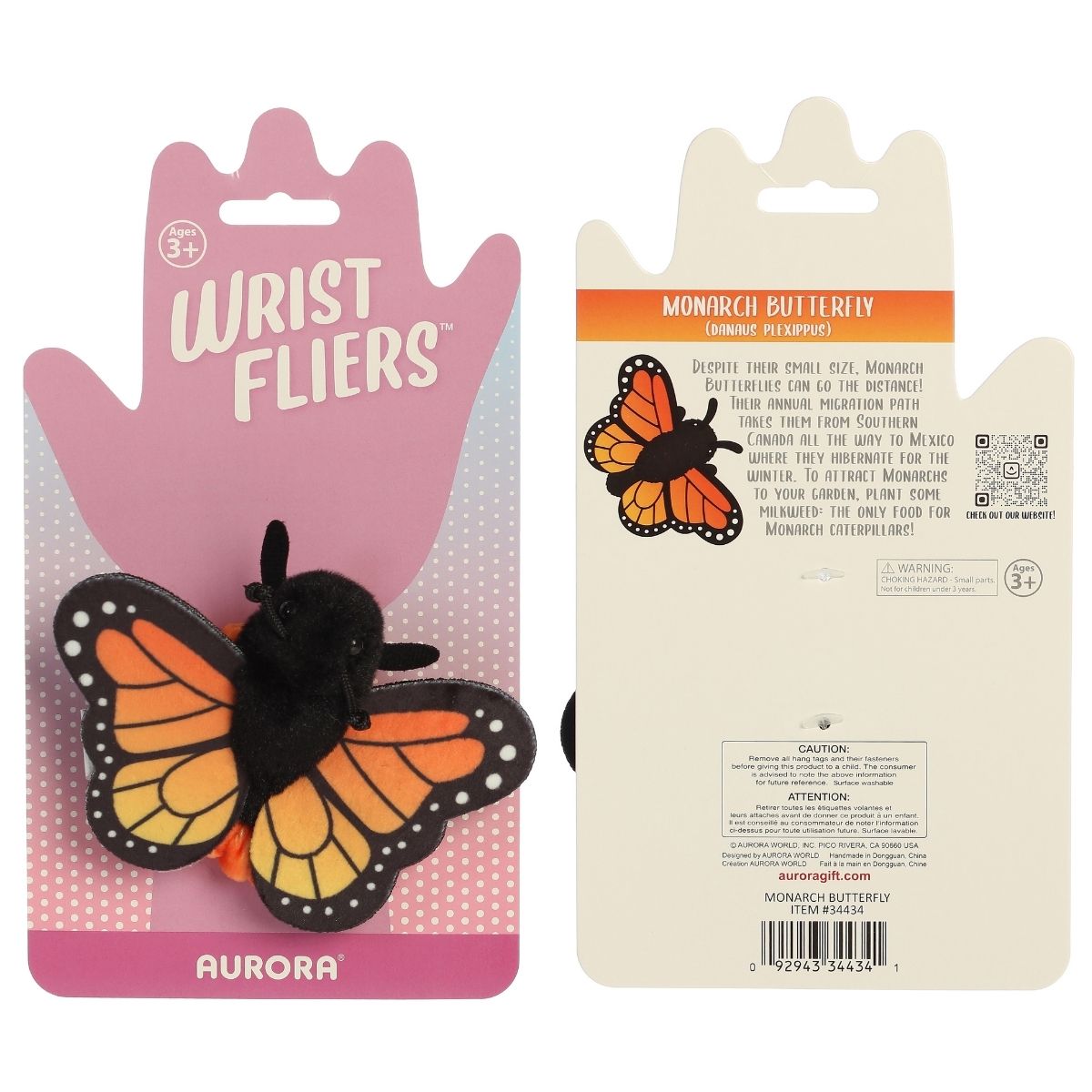The Aurora Wrist Flingers Monarch Butterfly displayed on its official pink and white retail packaging card.