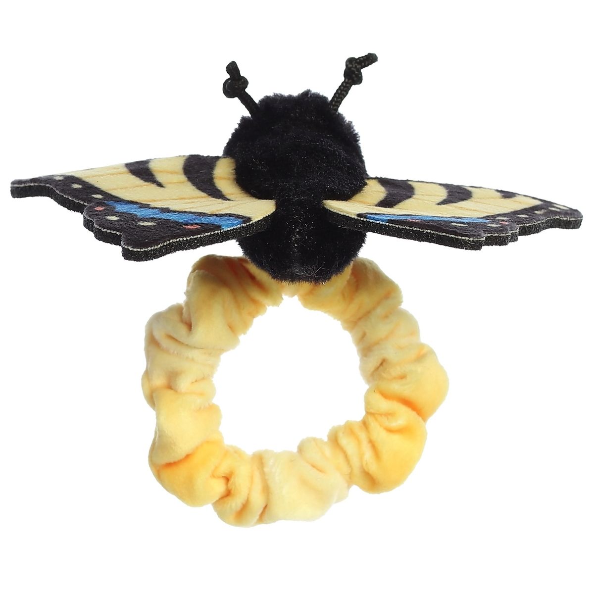 Back angled view showing the underside of the butterfly wings and the yellow scrunchie band.