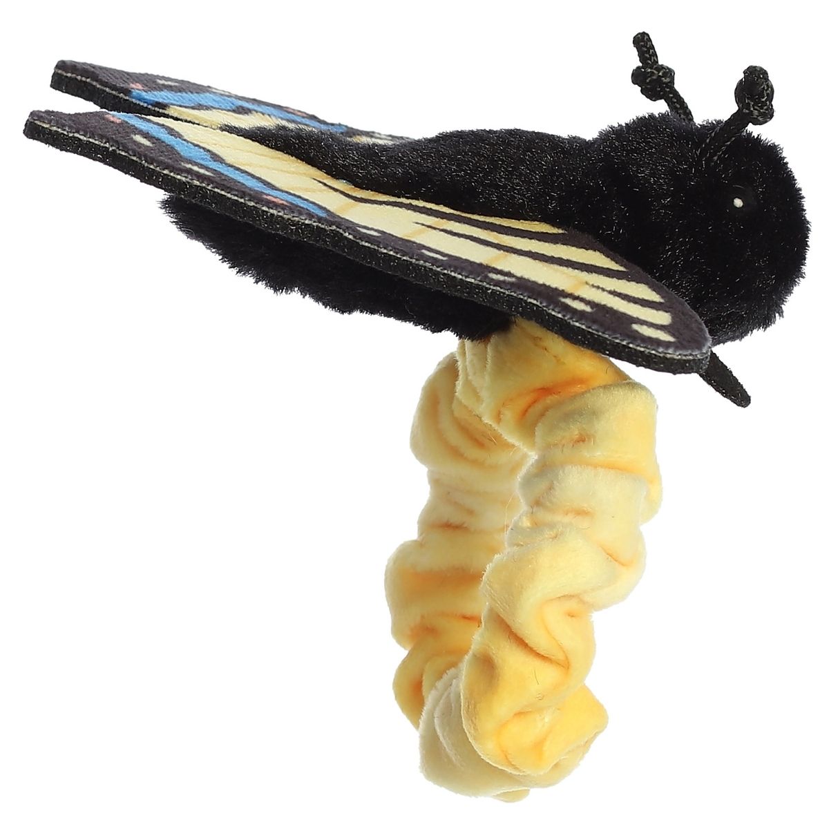 Plush toy resembling a butterfly with black wings and yellow body on a white background