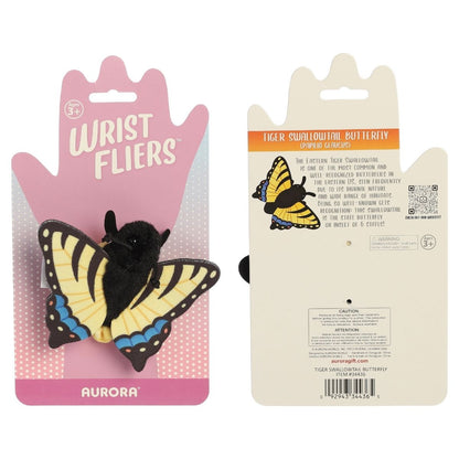 The Aurora Wrist Flingers Tiger Swallowtail Butterfly displayed on its official pink and white retail packaging card.