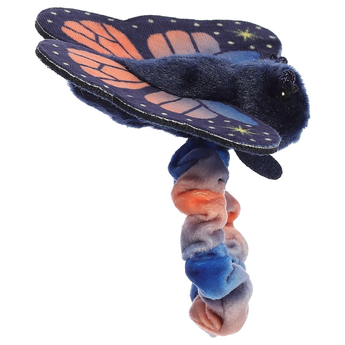 Angled view from the back showing the underside of the butterfly wings and the scrunchie band.