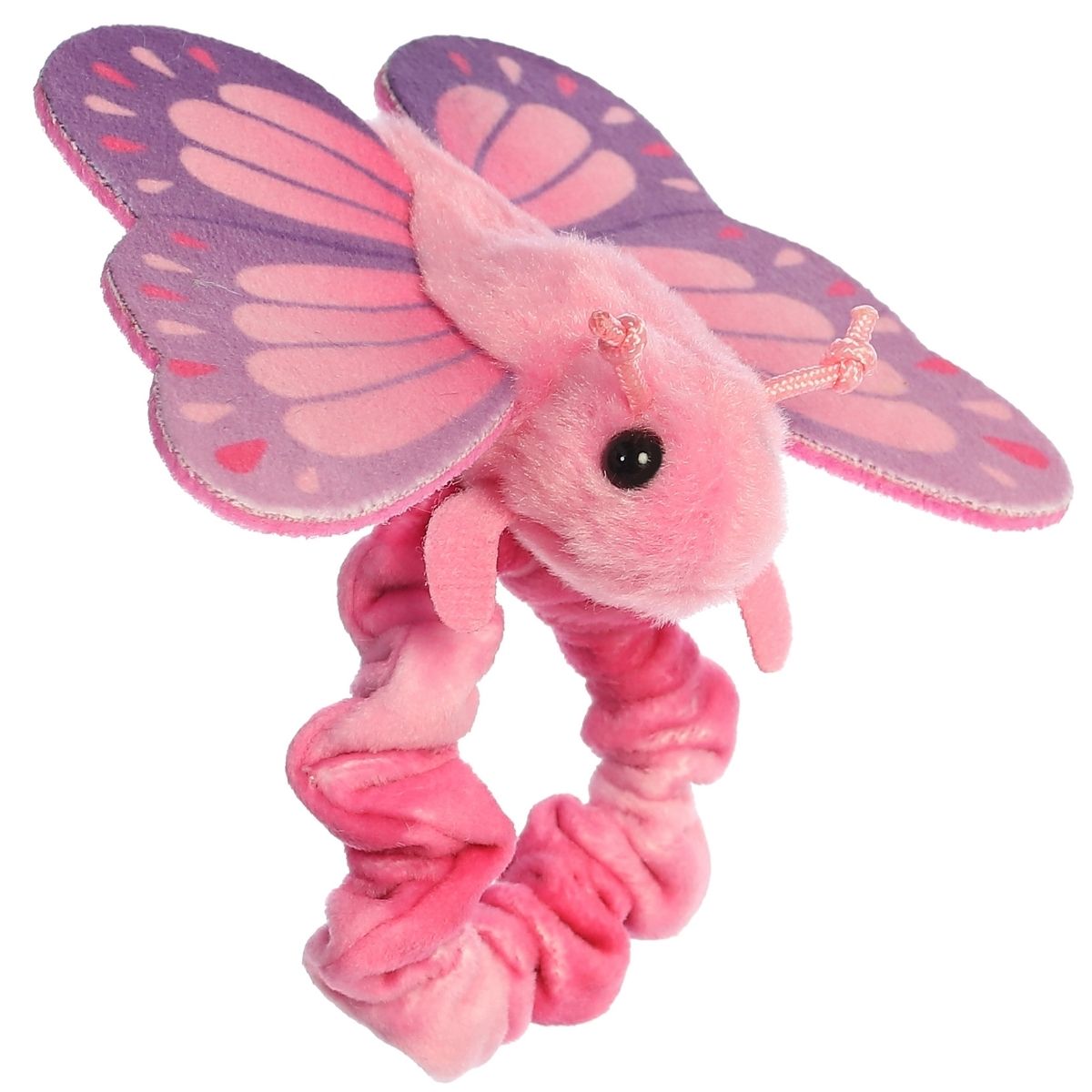 Angled view of the Blush Butterfly plush showing its cute face, little antennae, and purple-edged wings.