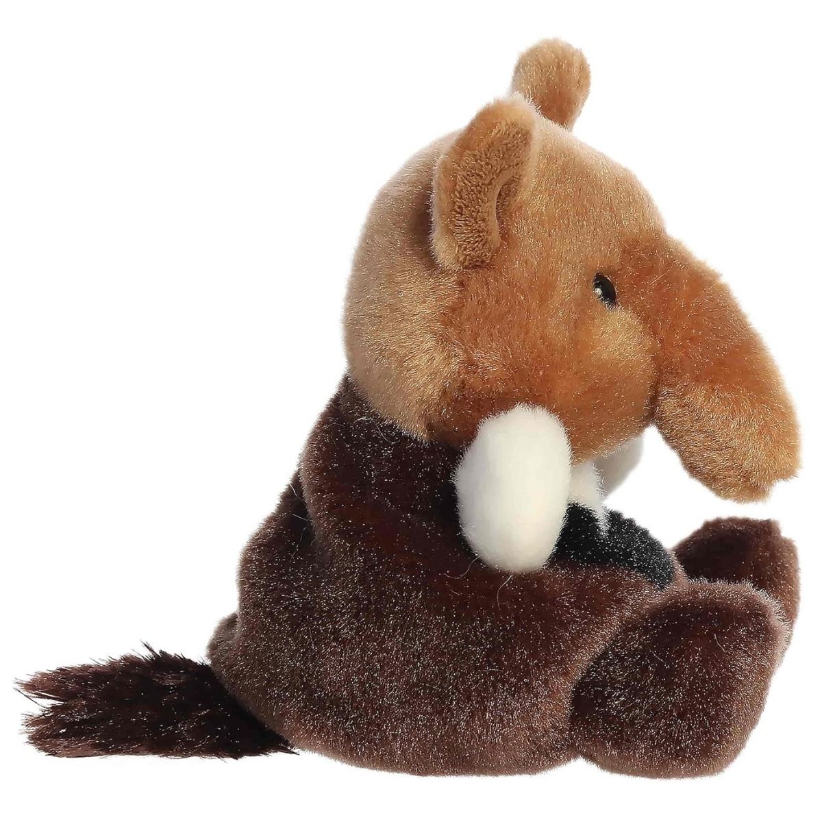 Side profile view of the Palm Pals anteater stuffed animal showing her curved posture and long snout.