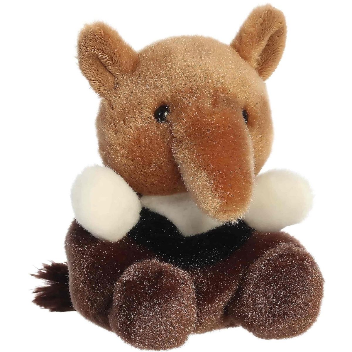 Front view of the Aurora Palm Pals Anita Anteater 5-inch stuffed animal featuring a brown head, long snout, dark body, and fluffy white front paws.