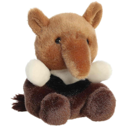 Front view of the Aurora Palm Pals Anita Anteater 5-inch stuffed animal featuring a brown head, long snout, dark body, and fluffy white front paws.