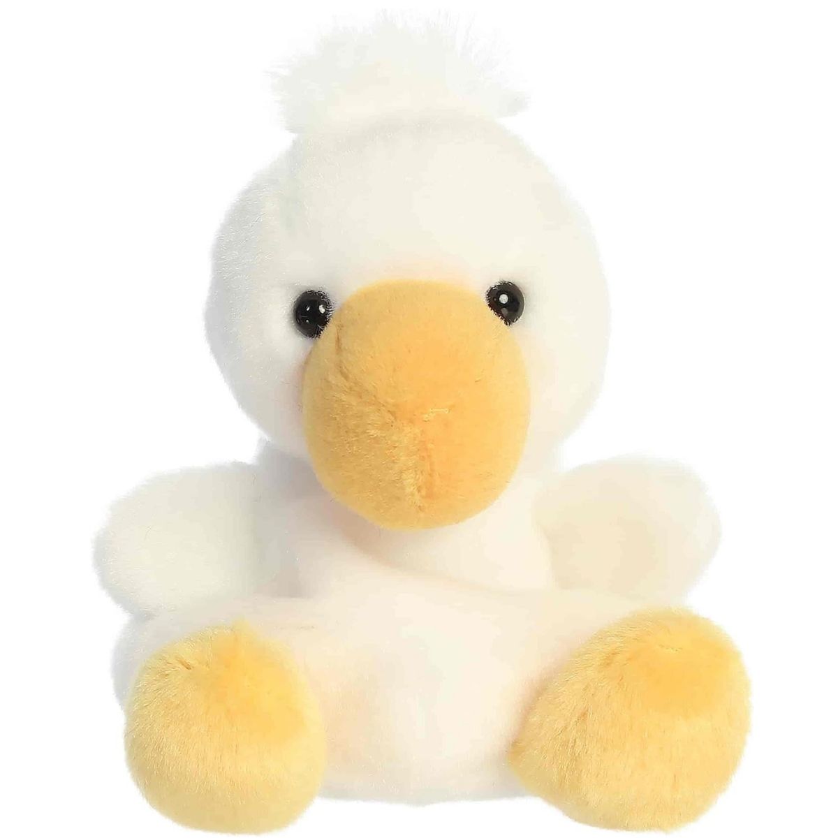 Straight front view of the Percy Pelican plush toy highlighting his black eyes, big beak, and upright sitting position.