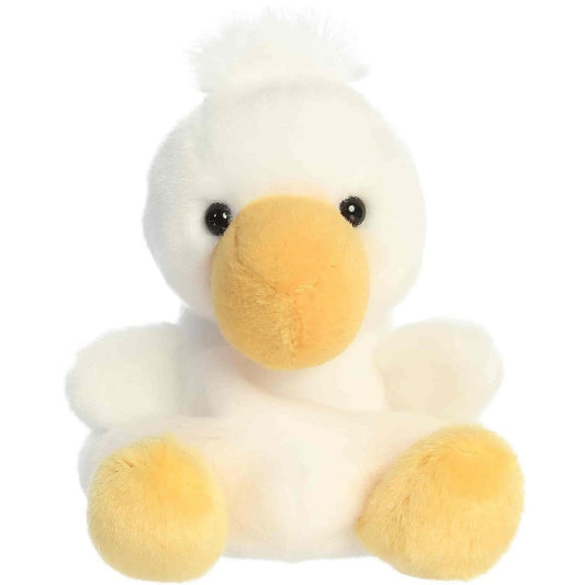 Straight front view of the Percy Pelican plush toy highlighting his black eyes, big beak, and upright sitting position.