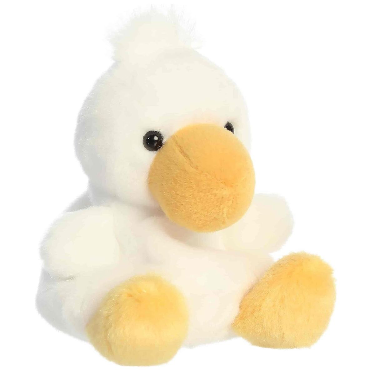 Front view of the Aurora Palm Pals Percy Pelican 5-inch stuffed animal featuring a white fluffy body, large orange beak, and orange feet.