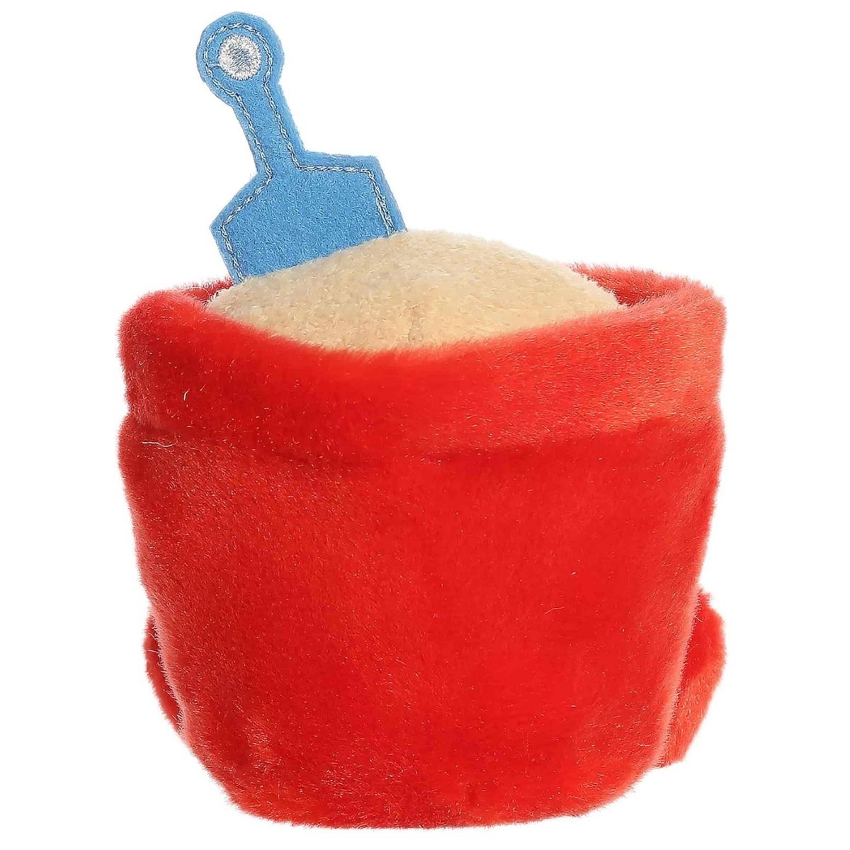 Back view of the red sand bucket plush highlighting its soft texture and the back of the blue shovel.