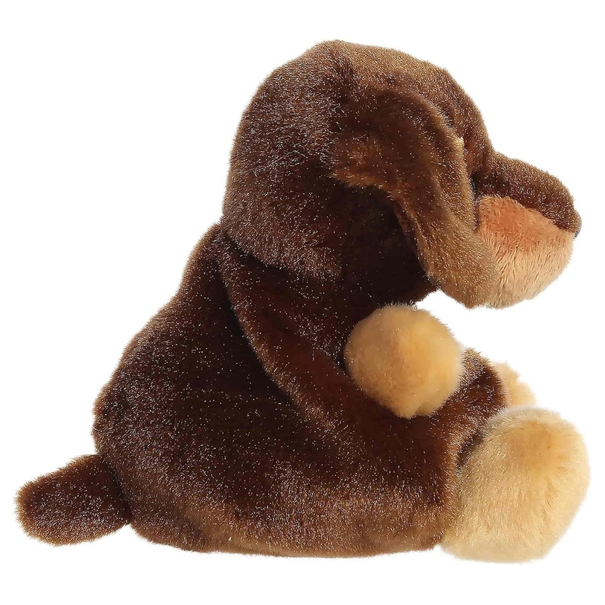 Side profile view of the Palm Pals dachshund stuffed animal showing his curved posture and long floppy ear.