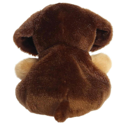 Back view of the dark brown dachshund plush highlighting his soft texture and tiny little tail.