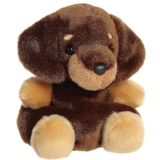 Front-angled view of the Aurora Palm Pals Houdini Dachshund 5-inch stuffed animal featuring a dark brown coat, tan paws, and floppy ears.
