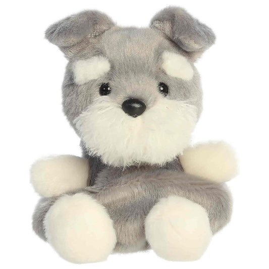 Straight-facing look at the Korra Schnauzer plush highlighting her black button nose and seated posture.