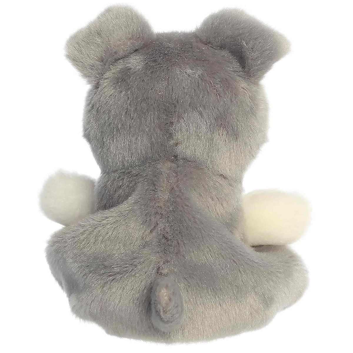 Rear perspective of the miniature schnauzer toy emphasizing the soft grey fabric and tiny tail.