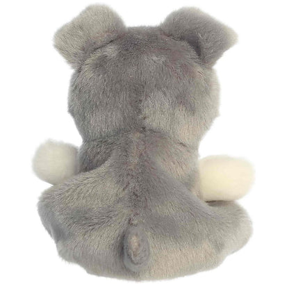 Rear perspective of the miniature schnauzer toy emphasizing the soft grey fabric and tiny tail.