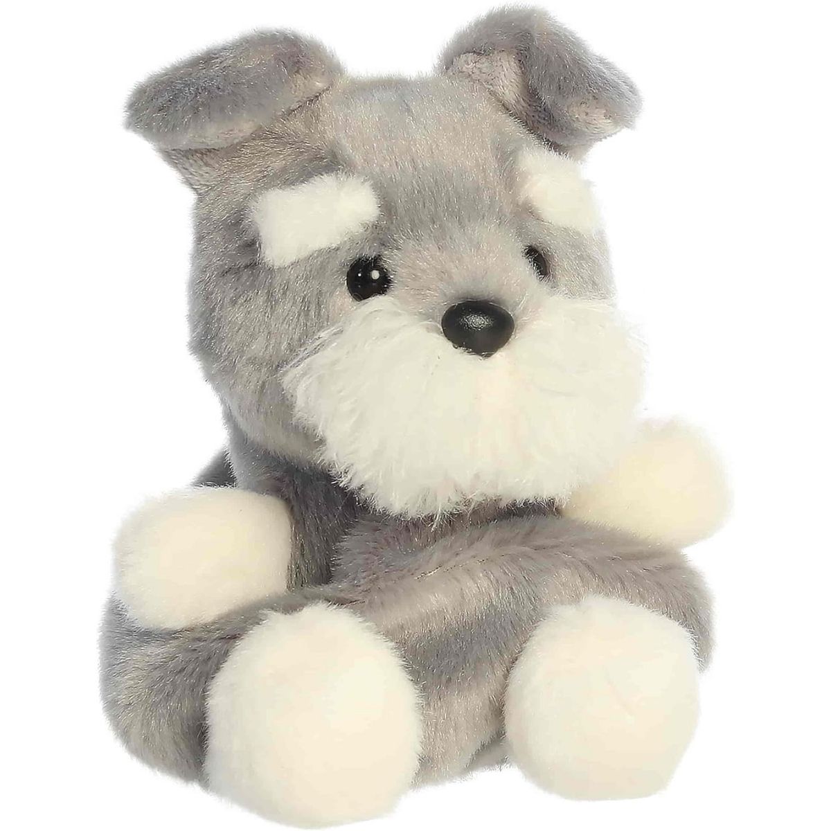 Front view of the Aurora Palm Pals Korra Schnauzer stuffed toy showing a grey coat, white bushy beard, and fluffy eyebrows.