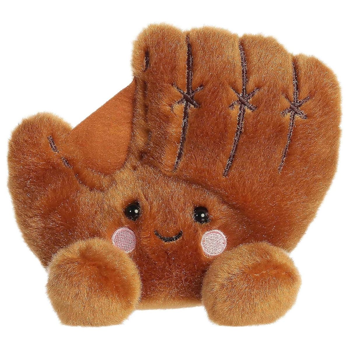 Straight-on perspective of the cute baseball mitt plush displaying its embroidered details and tiny feet.