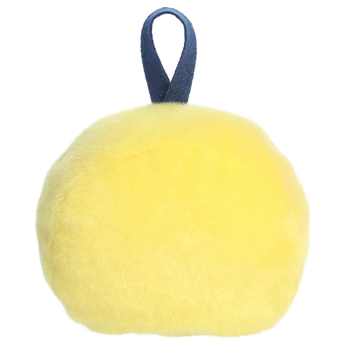 Rear perspective of the yellow award plush emphasizing the smooth, brightly colored fabric on its back.