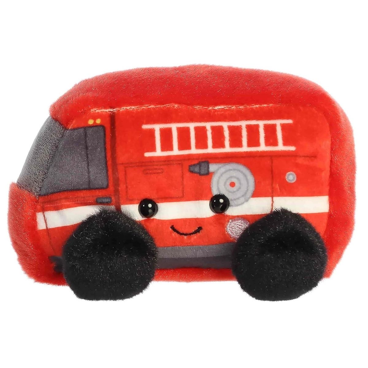Front angle of the toy firetruck emphasizing its grey windshield and soft, padded structure.