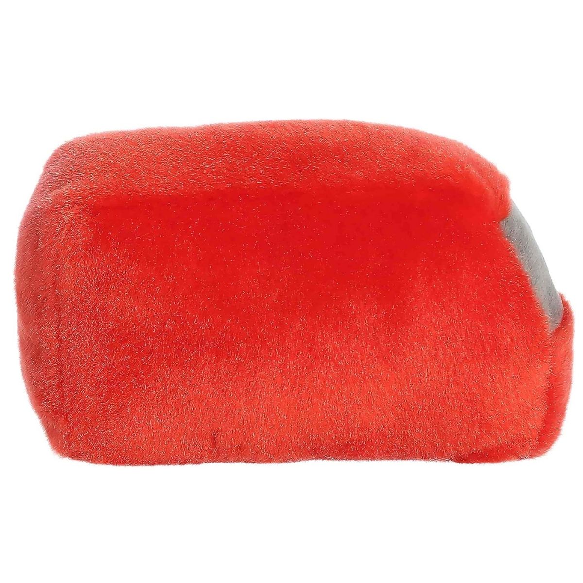 Rear view of the red plush vehicle showing its smooth, vibrant fabric.