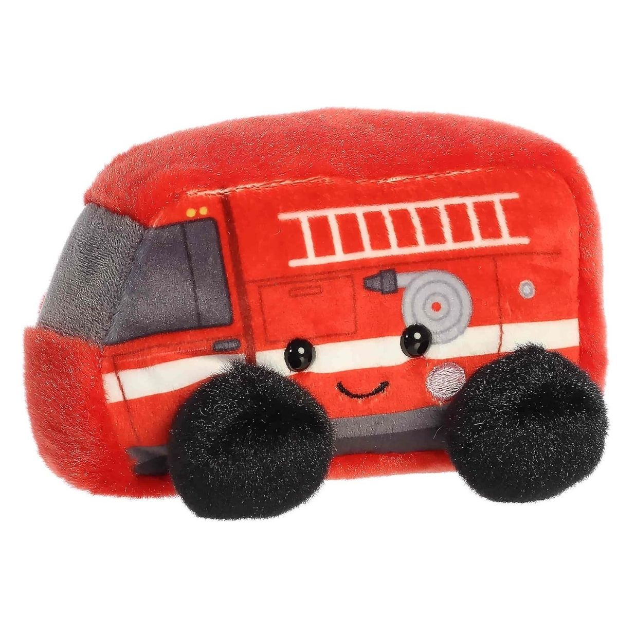 Front-side view of the Aurora Palm Pals Rescue Firetruck stuffed toy displaying a red body, embroidered ladder, and fluffy black wheels.