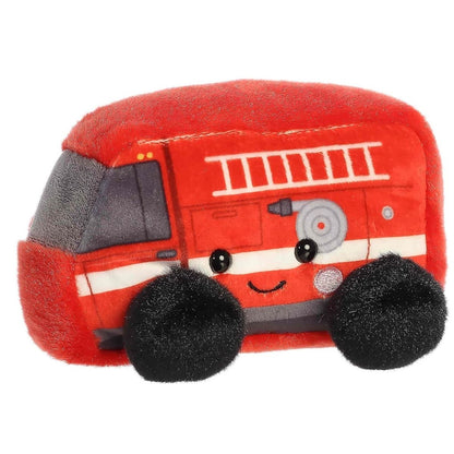 Front-side view of the Aurora Palm Pals Rescue Firetruck stuffed toy displaying a red body, embroidered ladder, and fluffy black wheels.
