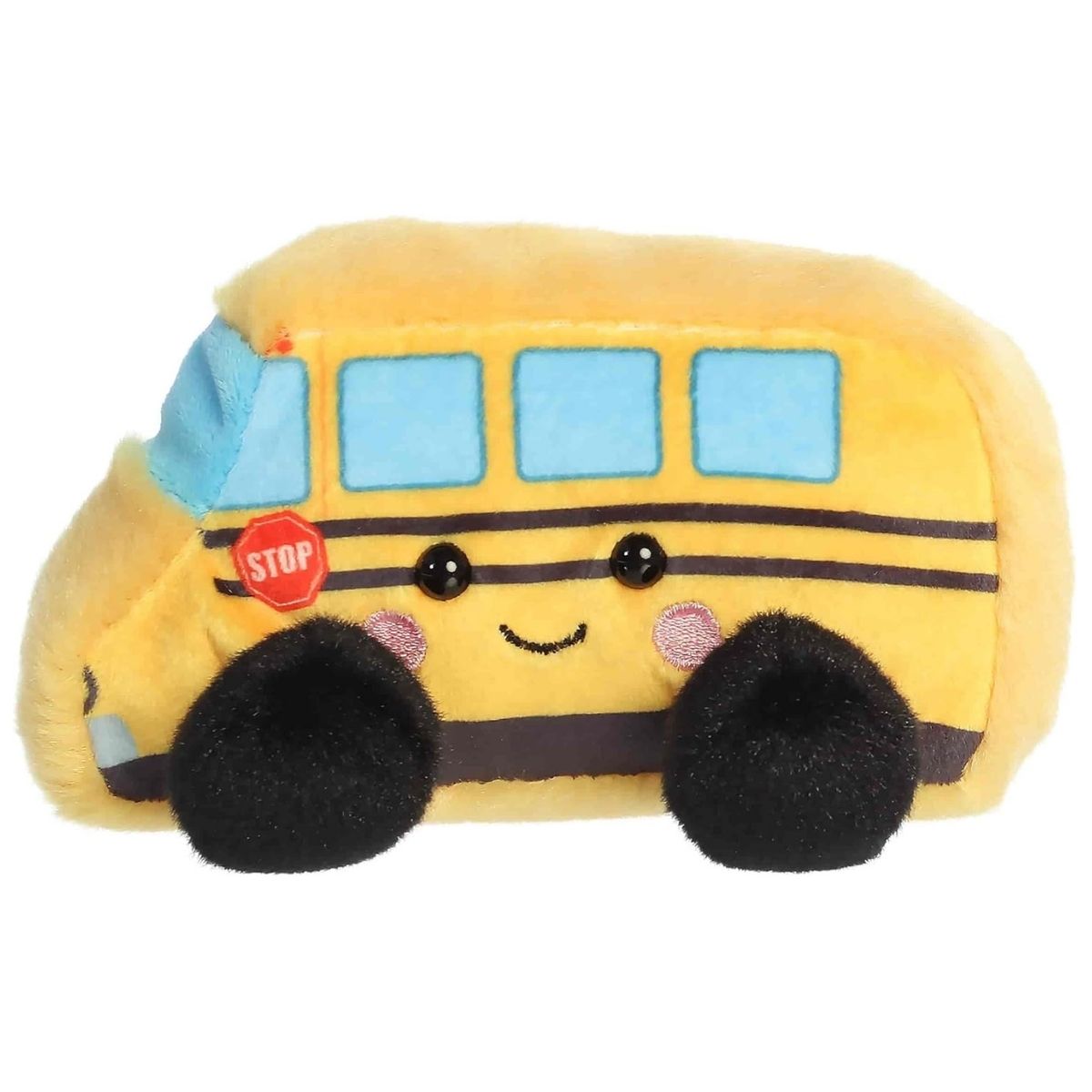 Straight side perspective of the plush school bus highlighting its smiling face, rosy cheeks, and black stripes.