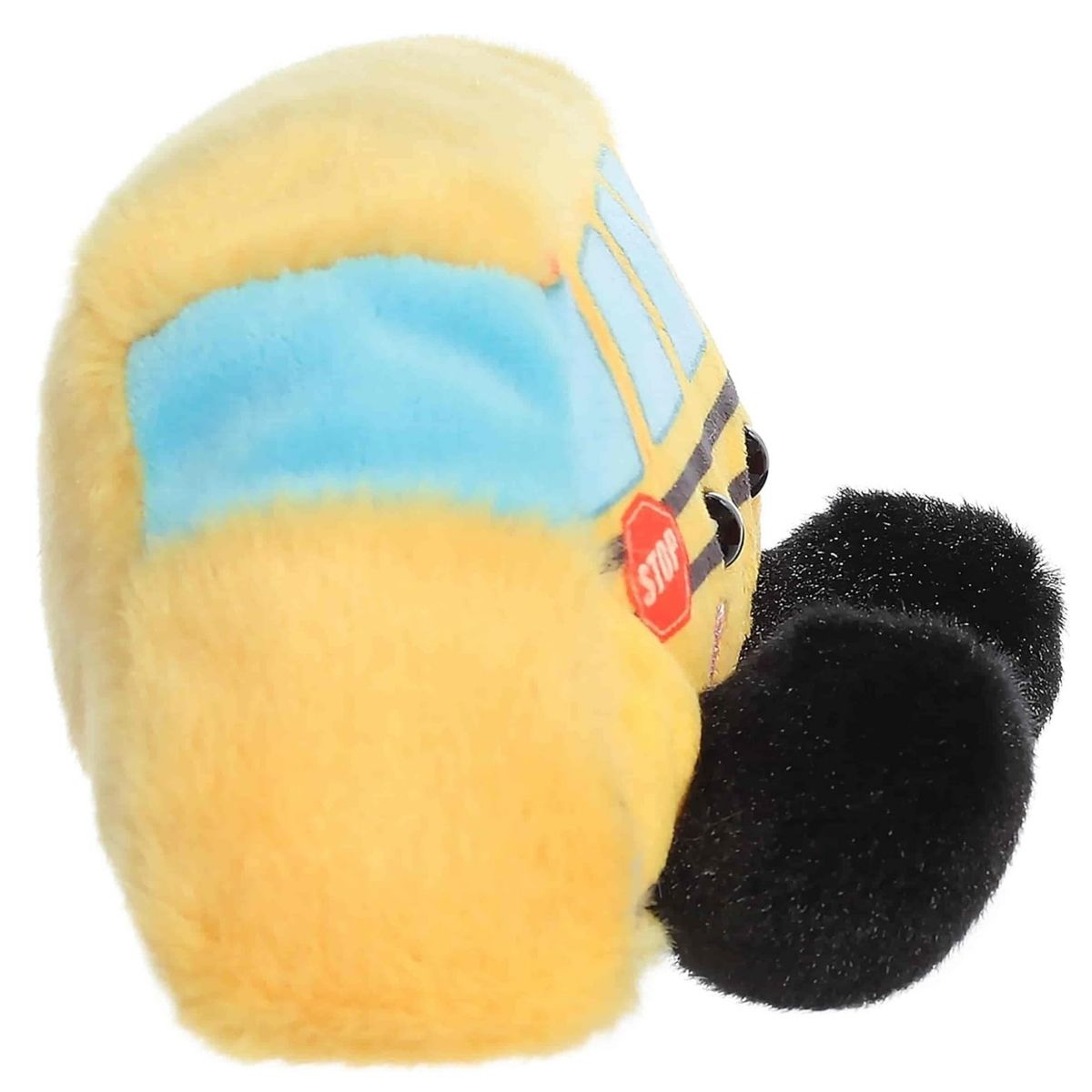 Front angle of the toy school bus emphasizing its light blue windshield and soft, squishy structure.