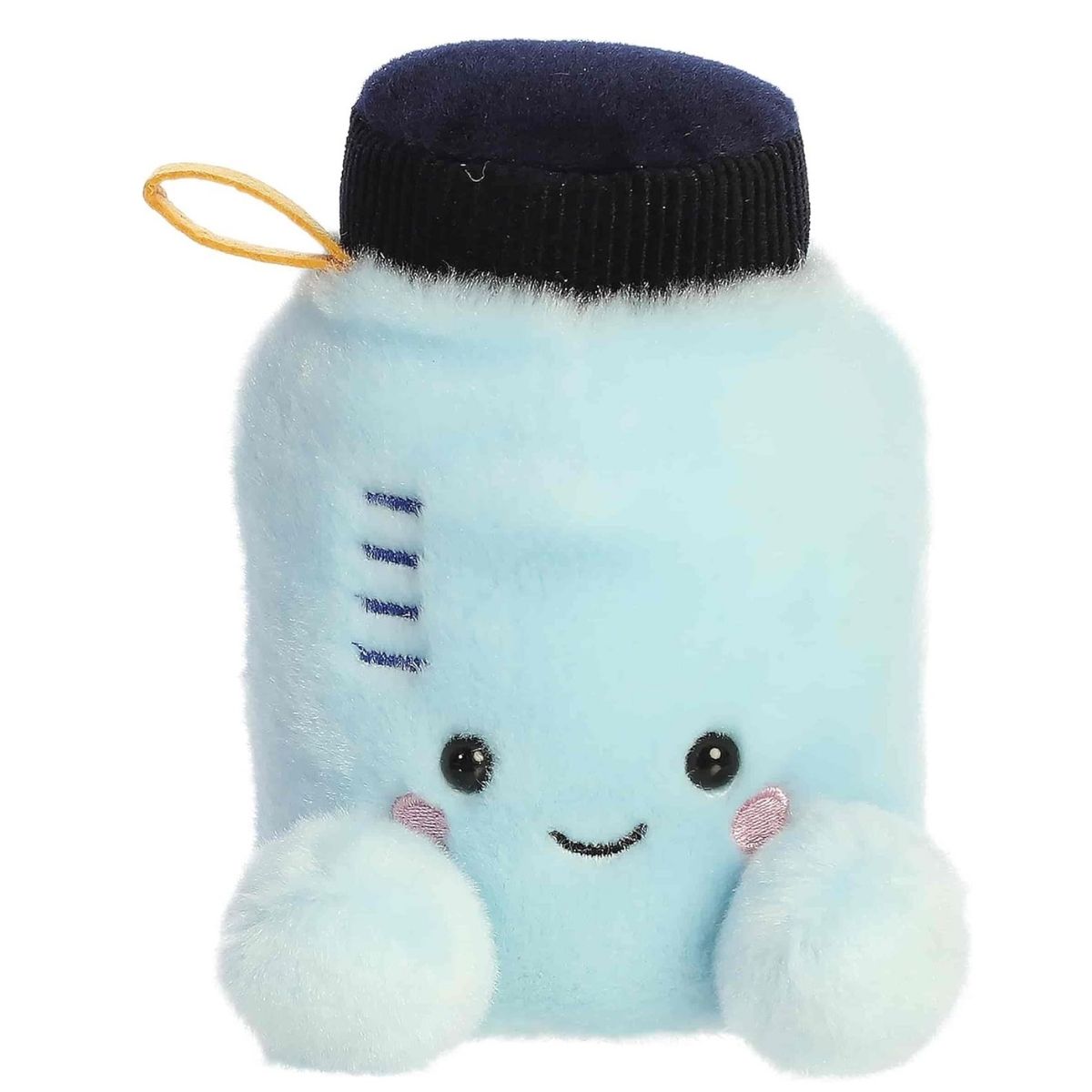 Straight-on perspective of the plush water bottle highlighting its embroidered measurement lines and rosy cheeks.