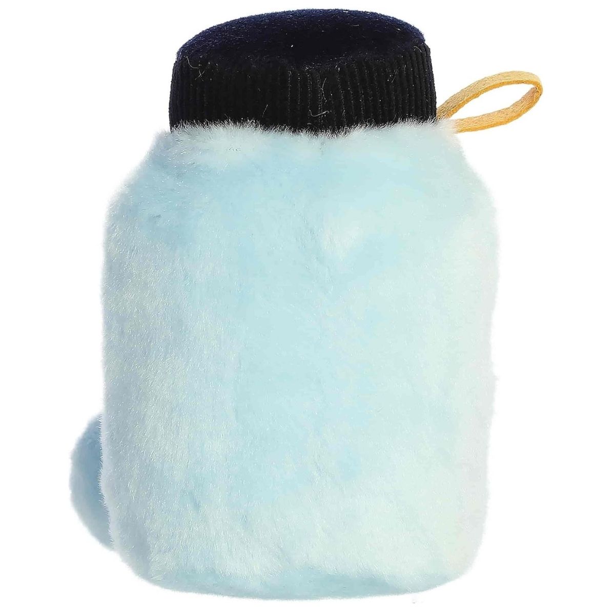 Rear view of the light blue plush canteen emphasizing its smooth, pastel fabric and rounded base.