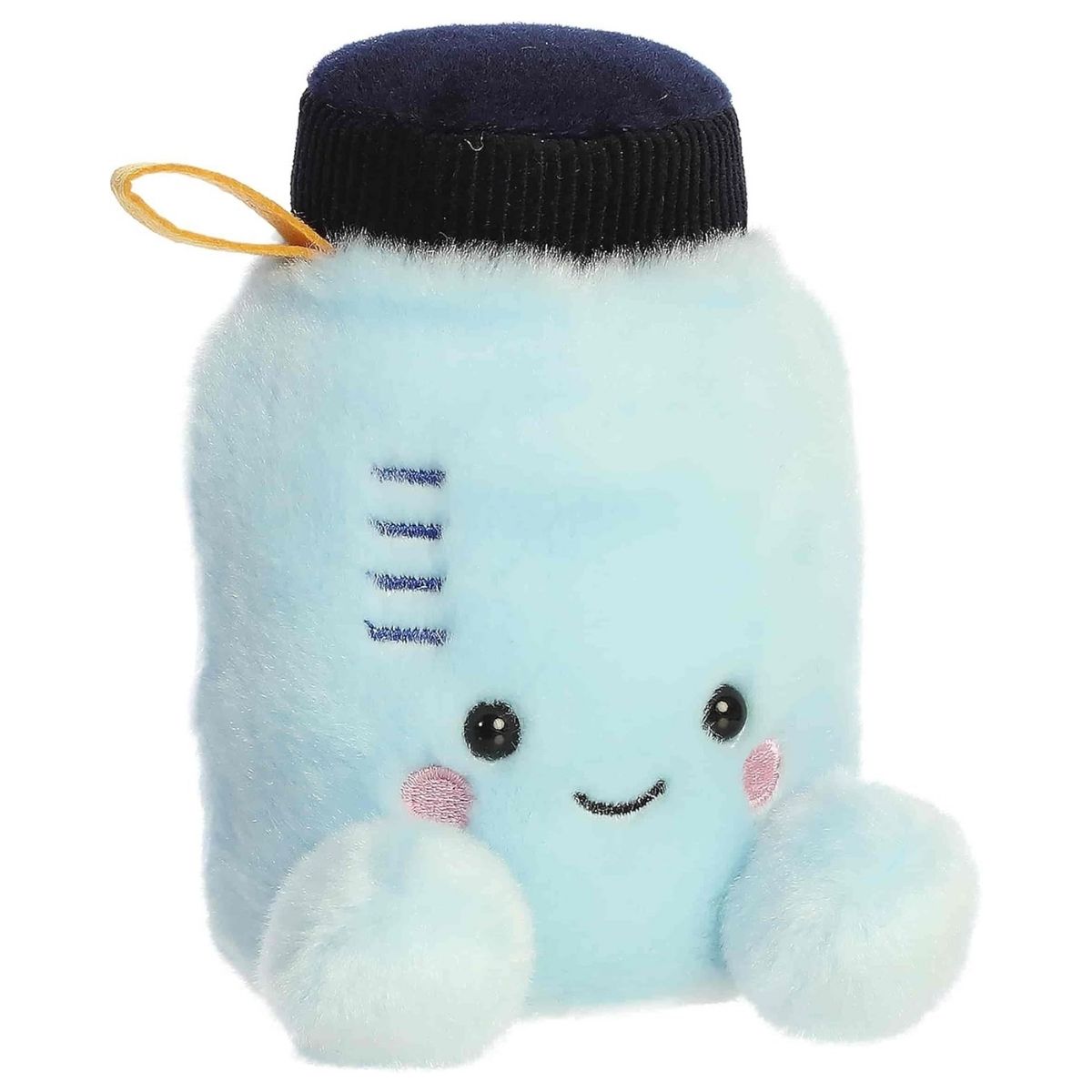 Front-angled view of the Aurora Palm Pals Rowan Water Bottle stuffed toy featuring a light blue body, black cap, yellow loop, and smiling face.