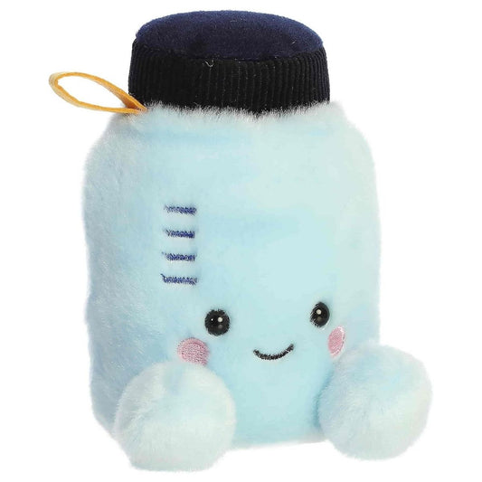 Front-angled view of the Aurora Palm Pals Rowan Water Bottle stuffed toy featuring a light blue body, black cap, yellow loop, and smiling face.