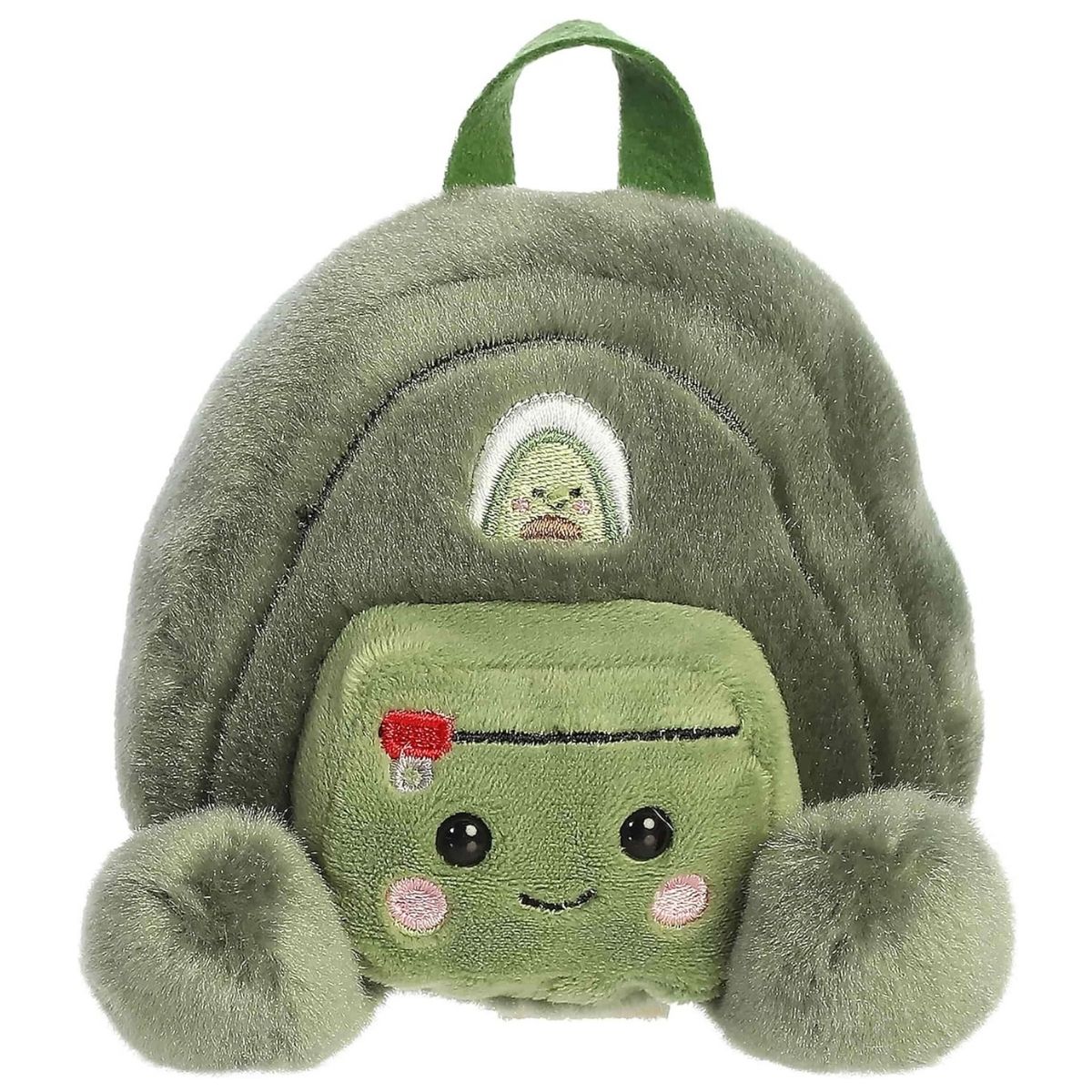 Straight-on perspective of the knapsack plush highlighting its embroidered mountain patch and red zipper detail.