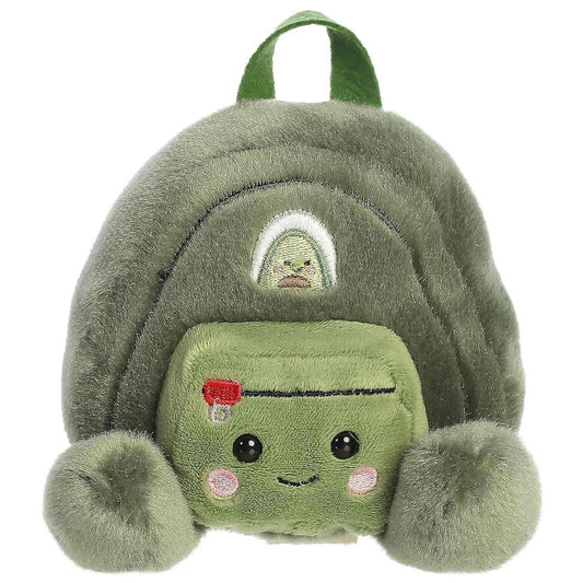 Straight-on perspective of the knapsack plush highlighting its embroidered mountain patch and red zipper detail.