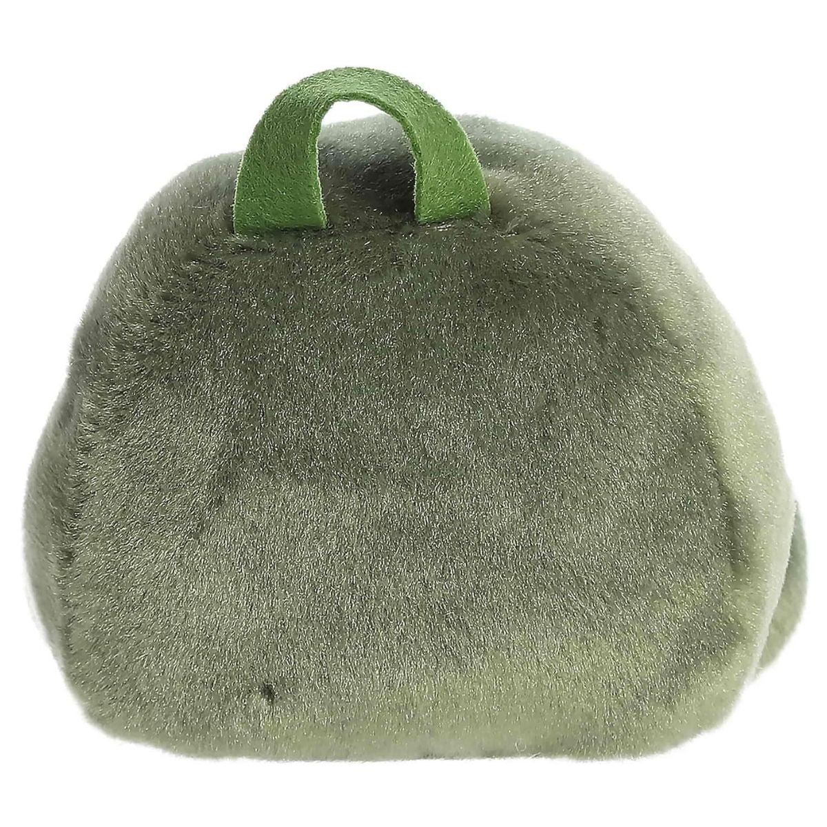 Rear view of the green plush backpack emphasizing its smooth, soft fabric.