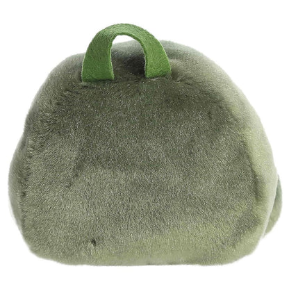 Rear view of the green plush backpack emphasizing its smooth, soft fabric.